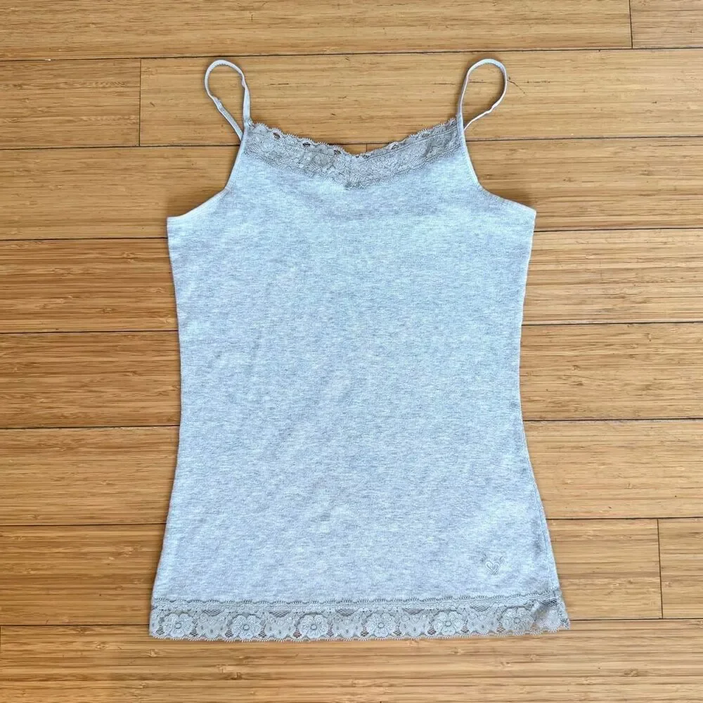 Justice Y2K Gray Lace Trim Cami Tank Top Size 16 Adjustable Spaghetti Straps